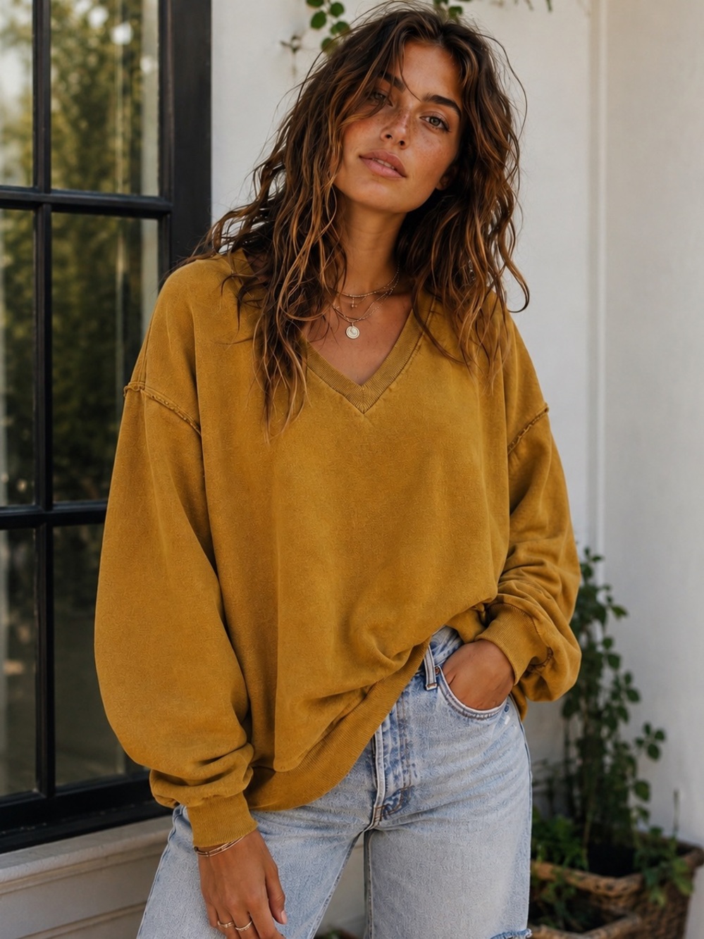 Jackson Rowe Oversized Mustard V-Neck Sweatshirt Raw Edge Modal Cotton Small